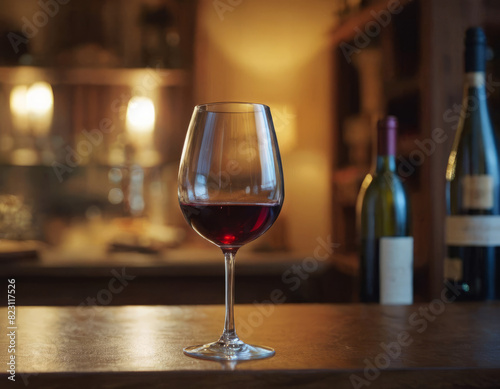 Un calice di vino rosso, riflesso nella luce soffusa di una lanterna. 