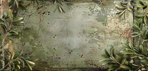 Extended view of an olive tall blank frame on distressed wallpaper, featuring a subtle peeling effect and clipping path. photo