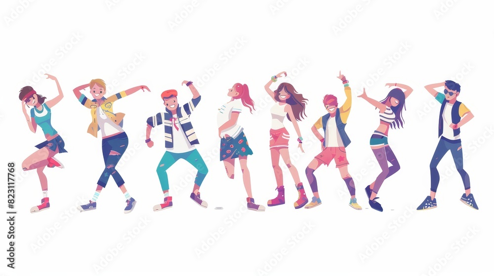 Group of smiling young men and women enjoying a dance party. Flat style. Modern illustration. Smiling young men and women enjoying a dance party. Group of smiling young men and women enjoying a dance party. Flat style. Modern illustration. Smiling young men and women enjoying a dance party.