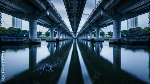 In Singapore, there is an symmetrical overpass going over a river photo