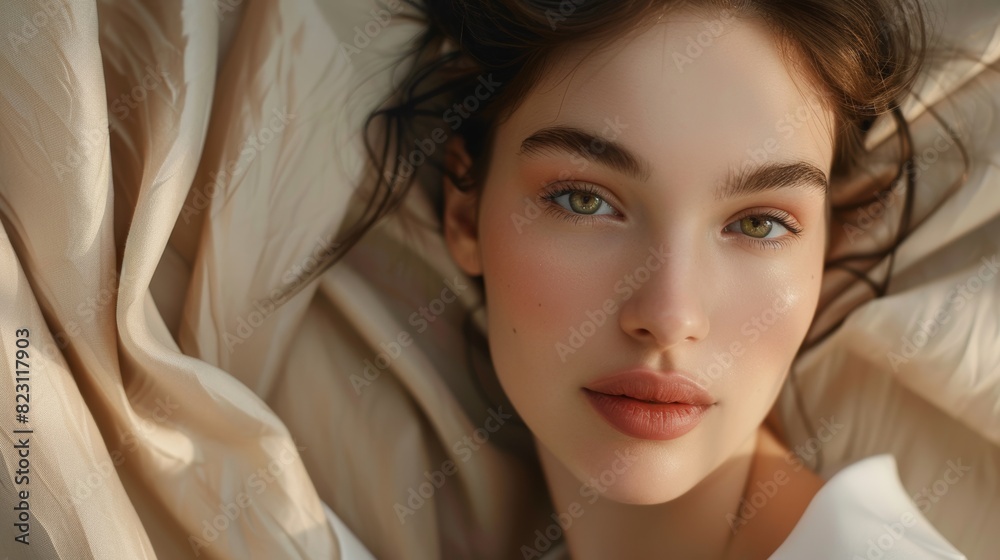 Beautiful model with apple cream face and khaki fabric clothes background, no filters Beautiful model with apple cream face and khaki fabric clothes background, no filters