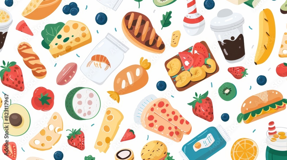 Food icon banner showing healthy, colorful & balanced diet: flat lay of cartoon food and ingredients on white - modern illustration