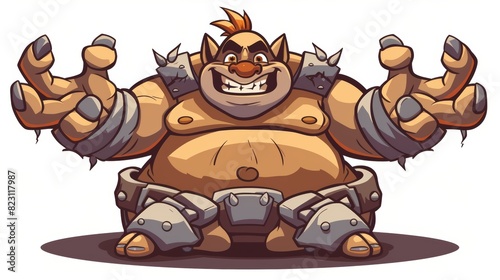 The cartoon character of a fat troll is sitting with arms open and a huge smile. The modern illustration is in a single layer, with simple gradients.