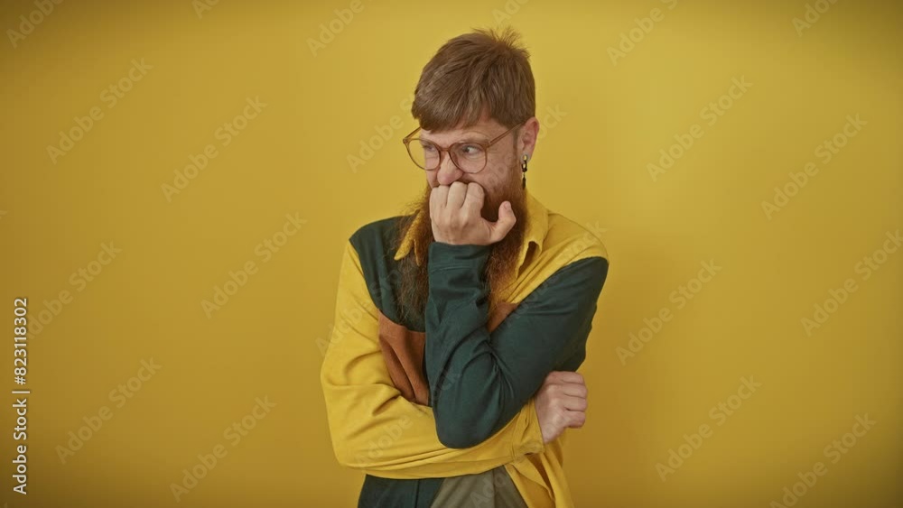 Anxiety-stricken redhead man, wearing glasses, hands nibbling nervously over a shirt, isolated against yellow background. Anxiety-stricken redhead man, wearing glasses, hands nibbling nervously over a shirt, isolated against yellow background.