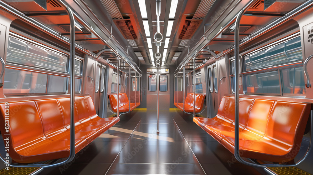 The interior of an empty subway car features rows of seats, creating a quiet and vacant atmosphere.