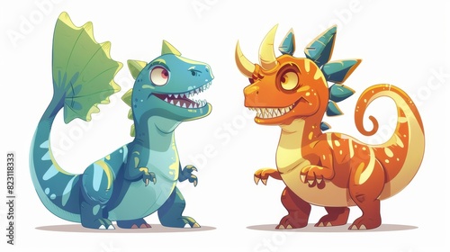 The styracosaurus and carnotaurus dinosaurs are smiling and standing in front of one another. Each dinosaur is on a separate layer in the modern clip art illustration. photo