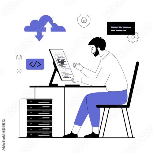 SaaS concept, Software as a service. Cloud computing and storage, online subscription to programs. Vector illustration with line people for web design.