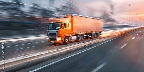 Fast truck on highway in motion. Concept Truck, Highway, Motion, Speed, Transportation