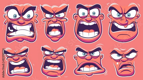 Vectors with 30s cartoon mascot characters making funny faces. 1950s  1960s old animation mouths and eyes elements. Vintage comic smile modern set for logo design.
