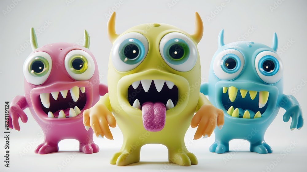 Halloween 3D set of monsters. Cute cartoon scary but funny baby character with eyes, tongue, teeth, and hands. White background. Halloween 3D set of monsters. Cute cartoon scary but funny baby character with eyes, tongue, teeth, and hands. White background.