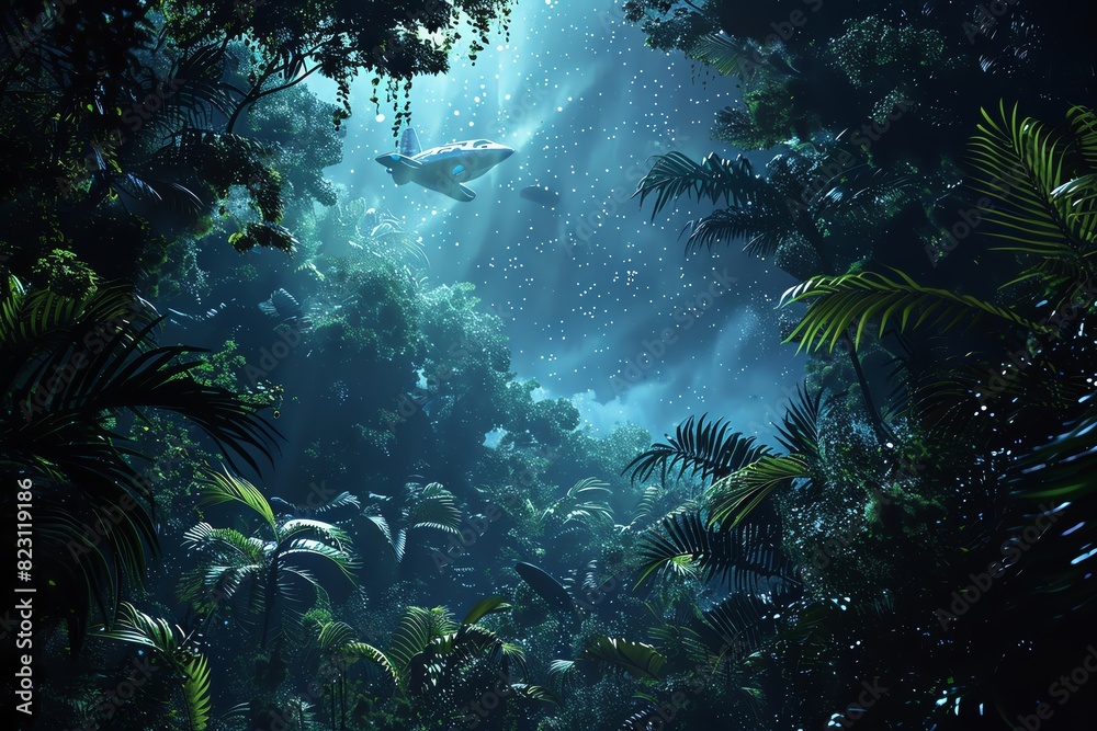 Obraz premium Enchanting underwater scene in a vibrant jungle with a serene ray of sunlight piercing through the dense canopy. Ideal for nature enthusiasts.