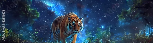 Majestic tiger walking in a magical  starlit forest with a vibrant  starry sky backdrop  blending the wild with a mystical  cosmic atmosphere.