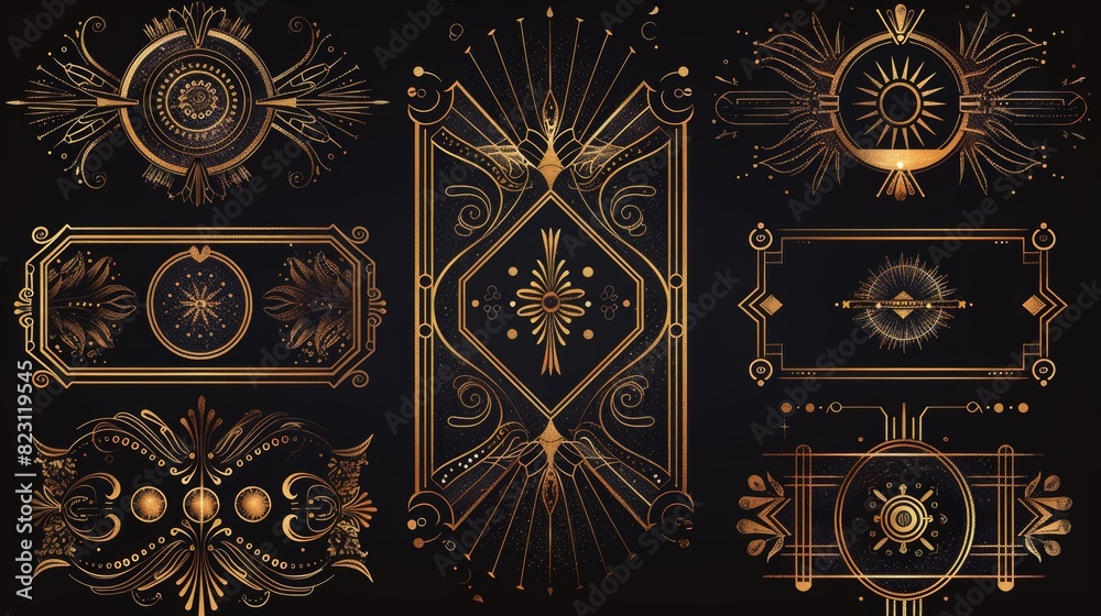 An art deco design set, including labels, frames, and vintage style backgrounds, which can be used for luxury products, posters, prints, wedding invitations, and newspaper covers. An art deco design set, including labels, frames, and vintage style backgrounds, which can be used for luxury products, posters, prints, wedding invitations, and newspaper covers.
