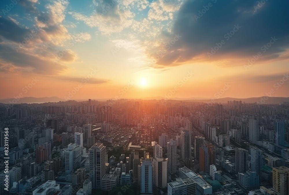 Breathtaking Urban Sunset Aerial View of the Cityscape