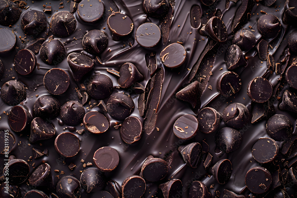 Chocolate chips and chocolate spoons displayed on table with dark background Chocolate chips and chocolate spoons displayed on table with dark background