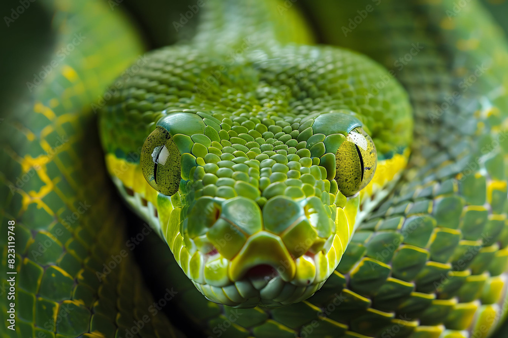 Fototapeta premium A green snake with a yellow stripe on its face