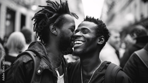 European men in love are cheerfully shopping in the crowd, lgbtQ+
