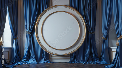 Royal gallery setting with a large circular blank frame against royal blue silk curtains. photo