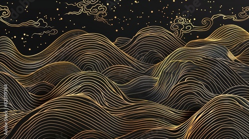 Stylish modern line design with golden waves, abstract background, elegant pattern. Use for interior design, textile, texture, posters, packages, wrappers, and gifts. Japanesque design. photo