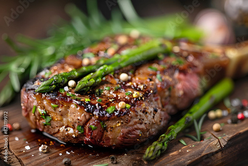 A close up of a steak with asparagus and garlic on a cutting board