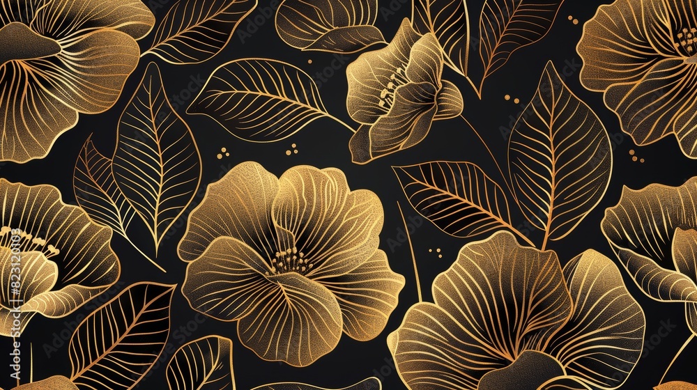 Illustration of artdeco floral pattern, gold flower wallpaper, leaves. Elegant, fancy drawing.