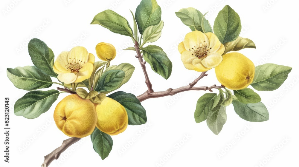 Old botanical illustration of quince isolated on transparent background