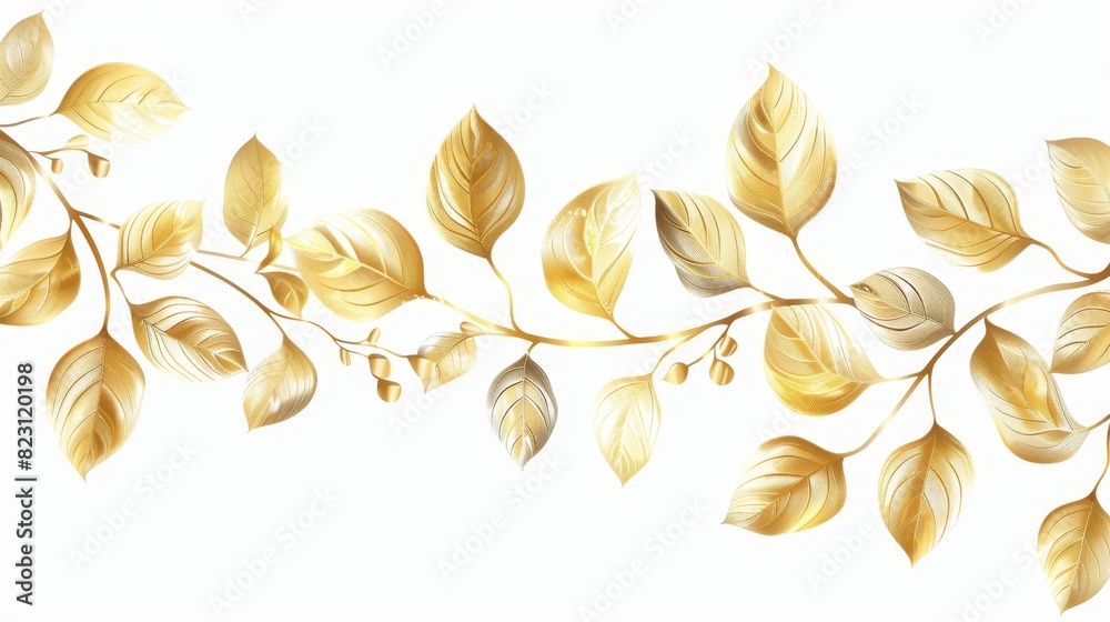 A modern of gold leaves isolated on white background. A wavy drawn line branch, nature, and plants luxury design element. A modern of gold leaves isolated on white background. A wavy drawn line branch, nature, and plants luxury design element.