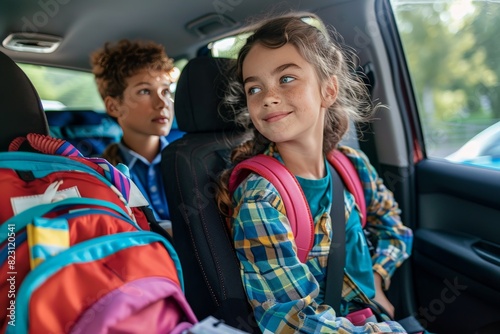 An parent driving their child to school, both looking happy and engaged in conversation, with backpacks and school supplies in the backseat