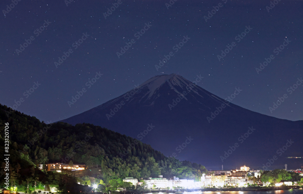 midnight view of Mt. Fuji in Japan near Kawaguchiko