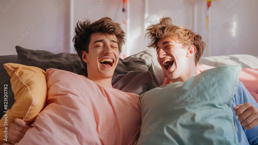 Two men who love each other. Having fun fighting with pillows on the bed in pajamas, lgbtQ+