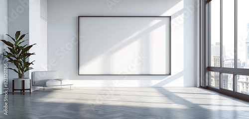 Expansive view in a minimalist gallery with a wide empty frame on a white wall. photo