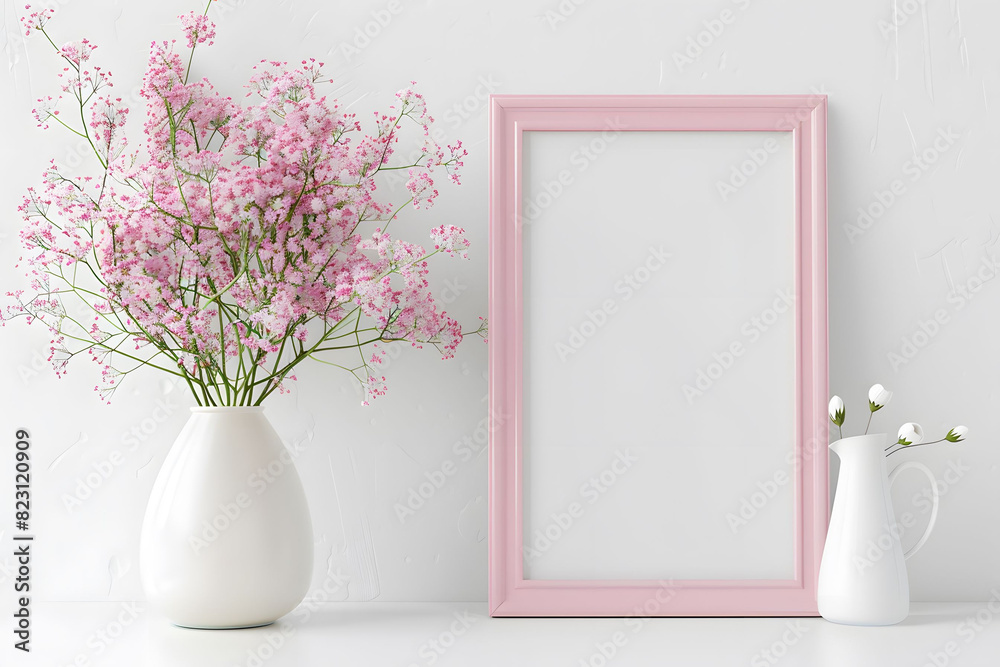 Picture frame and vase with flowers on table