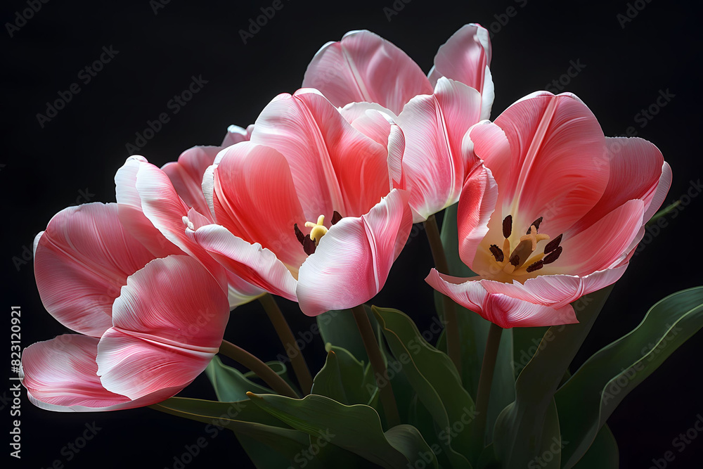 Three pink flowers in a vase on a black background