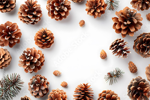 A close up of a group of pine cones on a white surface photo