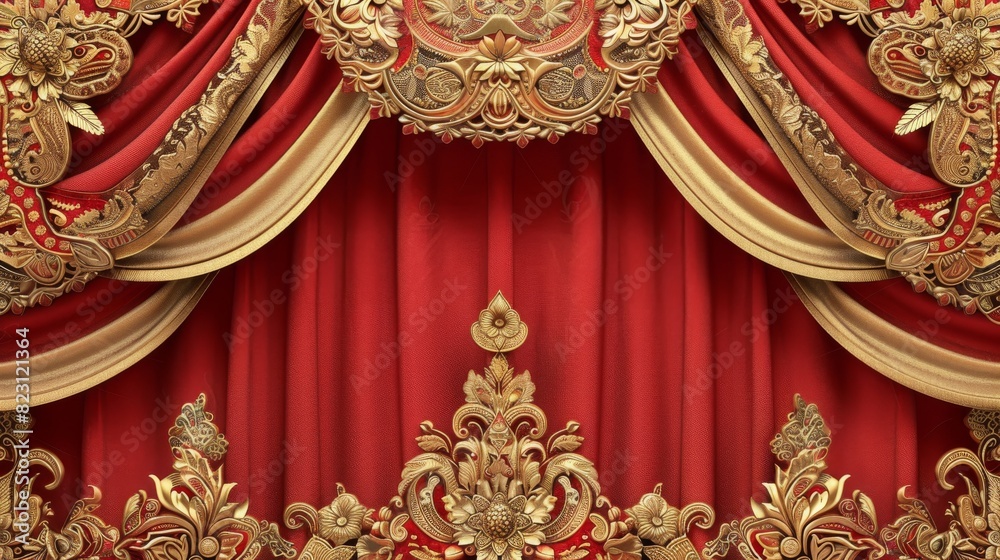 The background of this image is composed of a horizontal banner made of batik, a traditional Thai pattern style, and 3D elegant luxurious traditional ornament drape fabric The background of this image is composed of a horizontal banner made of batik, a traditional Thai pattern style, and 3D elegant luxurious traditional ornament drape fabric