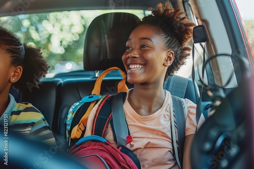 An LGBTQ parent driving their child to school, both looking happy and engaged in conversation, with backpacks and school supplies in the backseat