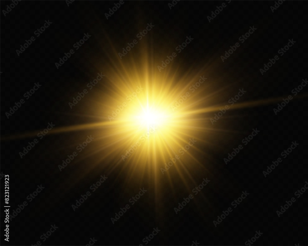 Fototapeta premium Shining golden stars. Light effects, glare, bokeh, glitter, explosion, golden light. Vector illustration. 