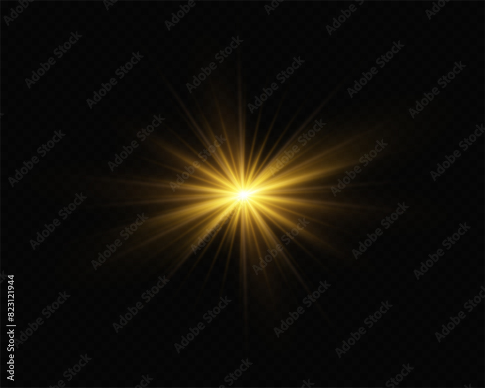 Shining golden stars. Light effects, glare, bokeh, glitter, explosion, golden light. Vector illustration.	