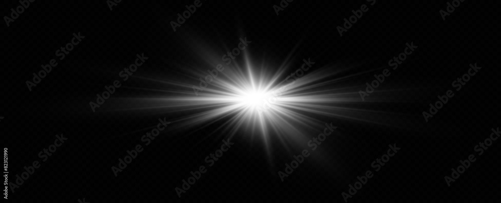 White glowing light explodes on a transparent background. with ray. Transparent shining sun, bright flash. Special lens flare light effect.	