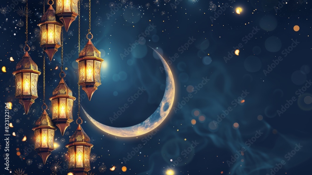 Fototapeta premium Islamic banner template with crescent moon and lantern for Ramadan Kareem illustration