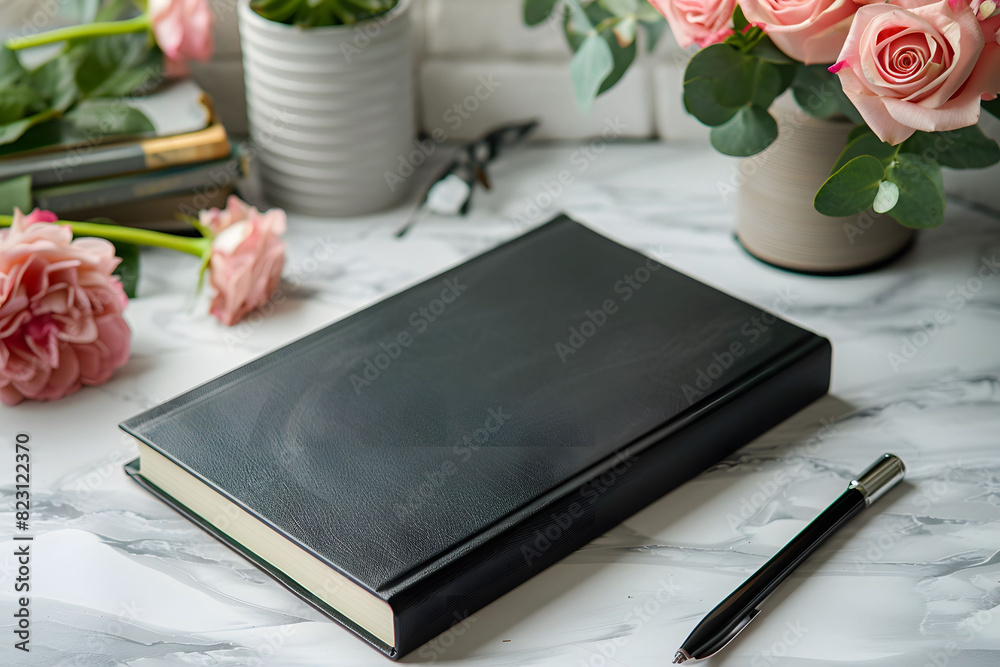 A black book and a pen on a table A black book and a pen on a table