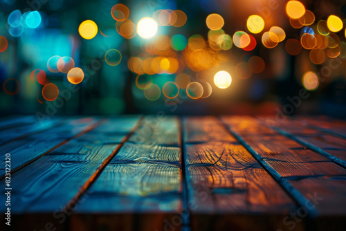 Wooden table, blurred bokeh background background. Neon light, night view, close-up. The general background of the interior, a dark background photo