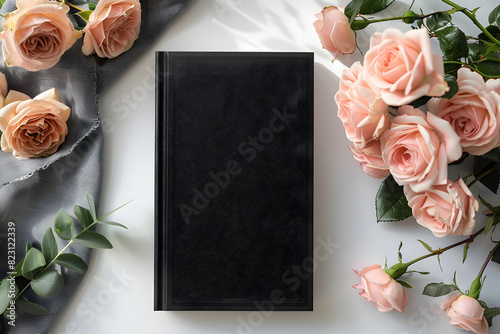 Black book with cover beside pink roses photo
