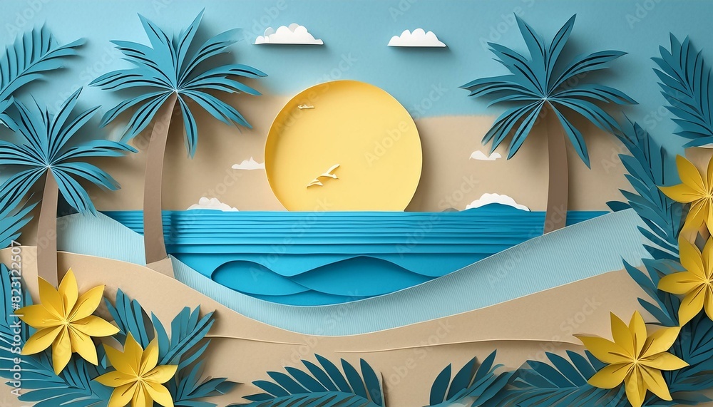 Obraz premium paper art of tropical beach with blue ocean, palm tree, sand and sun. Perfect for olakat, holiday banner