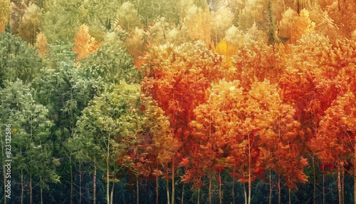 Composite image of trees with vibrant green leaves transitioning to fiery autumn hues