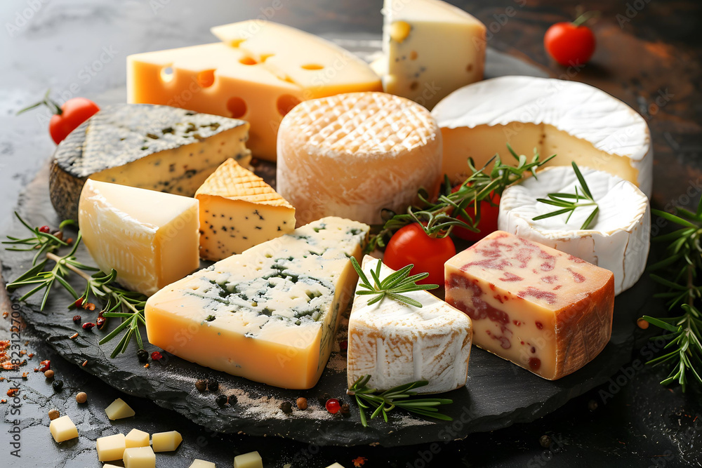 A close up of a plate of cheese with various types of cheese A close up of a plate of cheese with various types of cheese