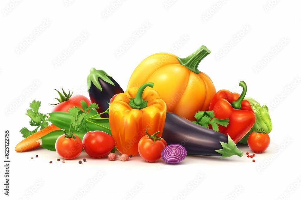 Fruits and vegetables harvested ripe and juicy isolated on white Fruits and vegetables harvested ripe and juicy isolated on white