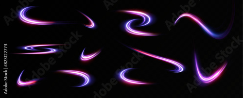 Neon red and blue speed lines. Speed ​​of acceleration and movement. Light trails, motion blur effect. Night illumination in blue and red.	