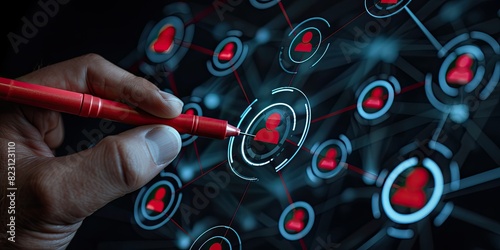 Businessman drawing social network graph with people icons on screen over black background, business and technology concept. Business man hand draw the circles of his team or group  photo
