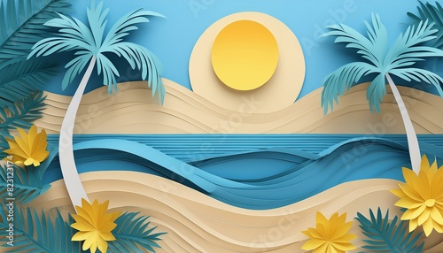 paper art of tropical beach with blue ocean, palm tree, sand and sun. Perfect for olakat, holiday banner
